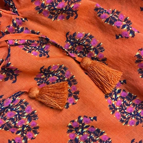 TORY BURCH "Evelina" 100% Cotton Floral Peasant Long SLV Boho/Office Tunic Top 2 - Picture 7 of 16